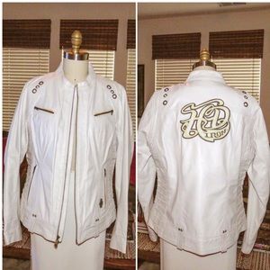 Harley Davis White Leather Riding/Bomber Jacket with Logo on Back Size XL